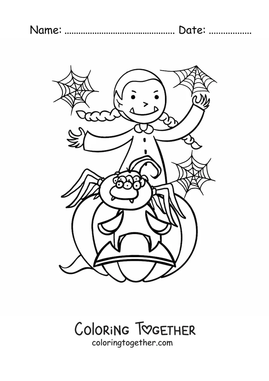 Coloring page of a vampire girl with a spider and a Halloween pumpkin