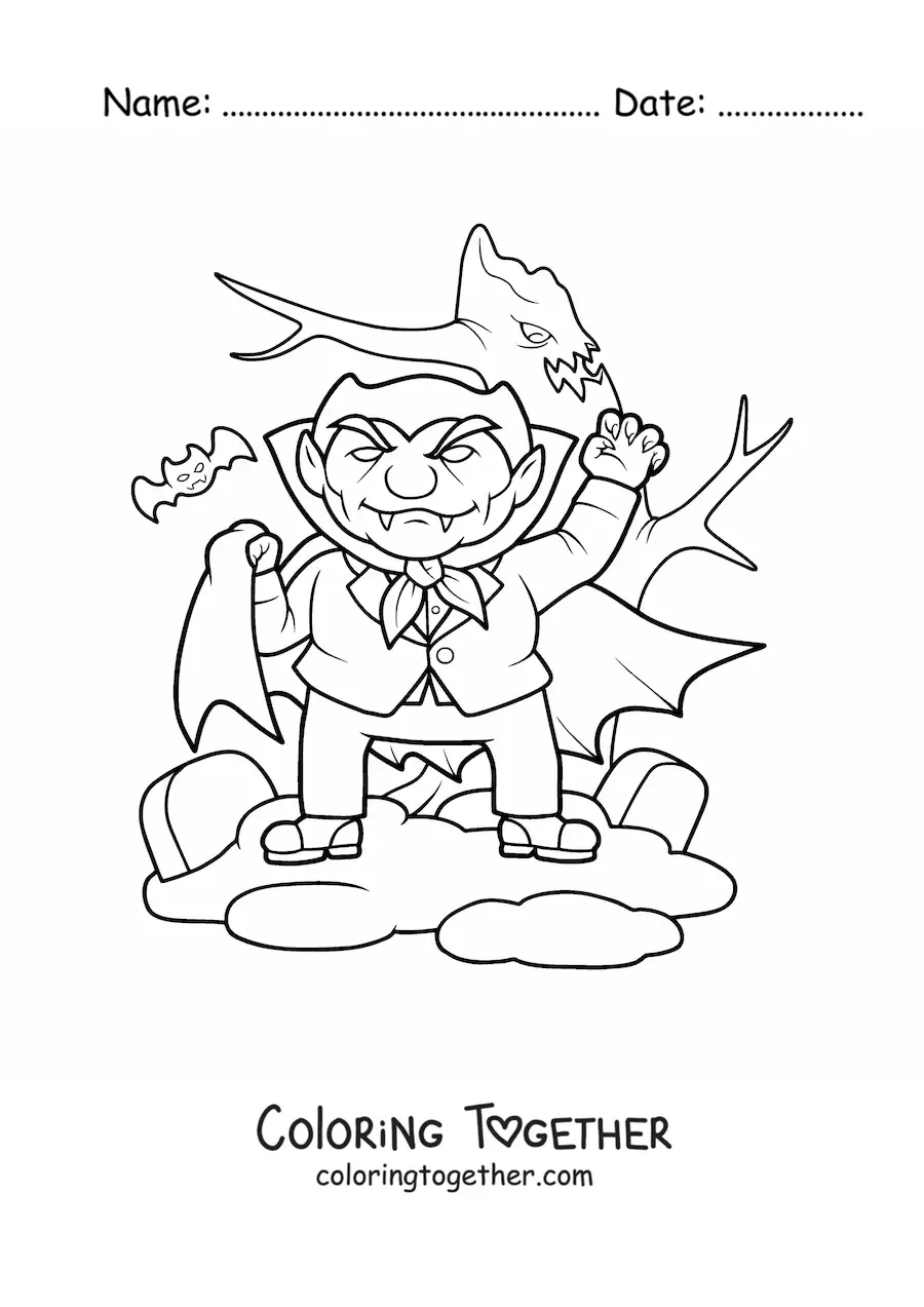 Coloring page of a cartoon vampire on Halloween with bats