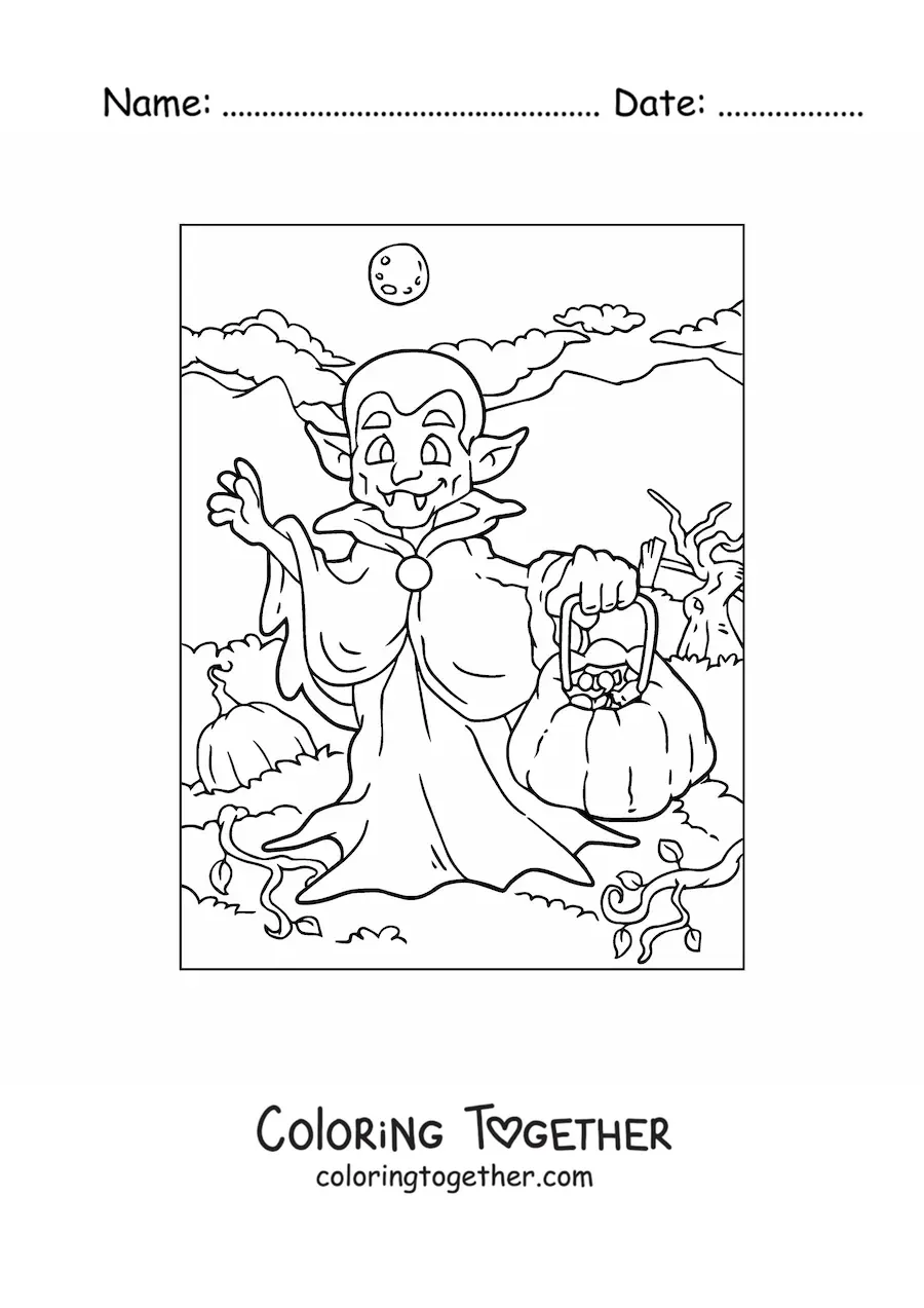 Coloring page of a cartoon of a vampire with a Halloween pumpkin