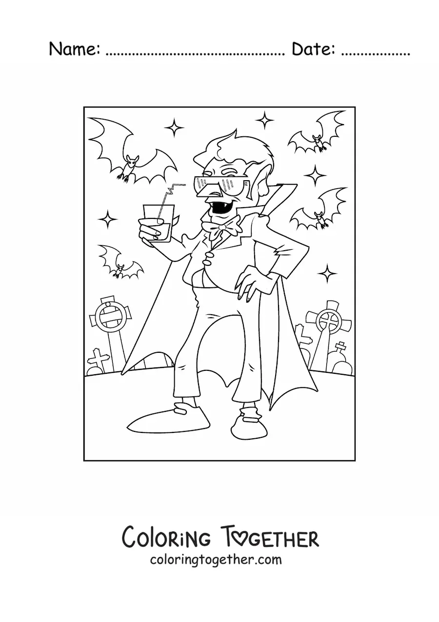 Coloring page of a cartoon vampire with bats and sunglasses in a cemetery