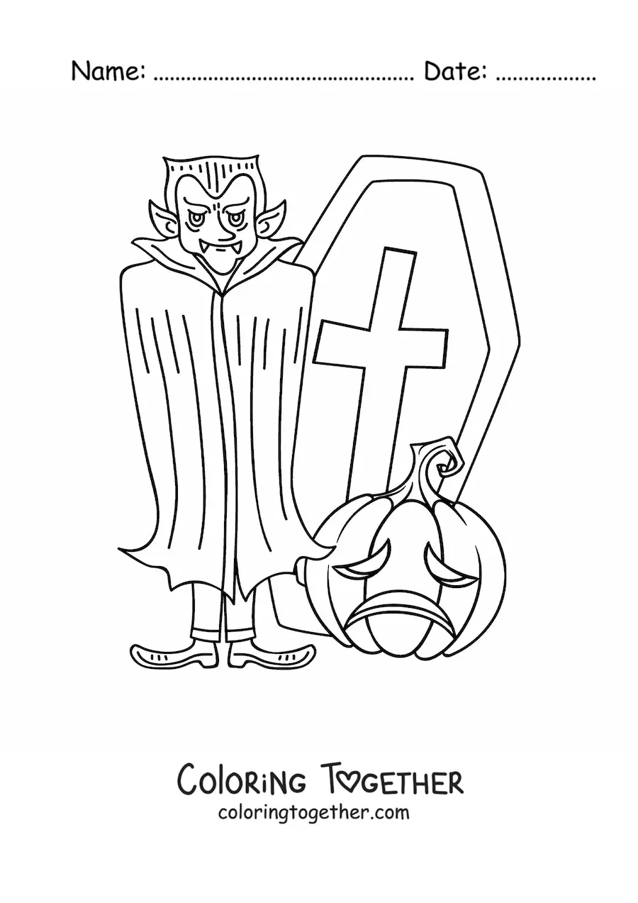 Coloring page of Count Dracula with a grave and a Halloween pumpkin