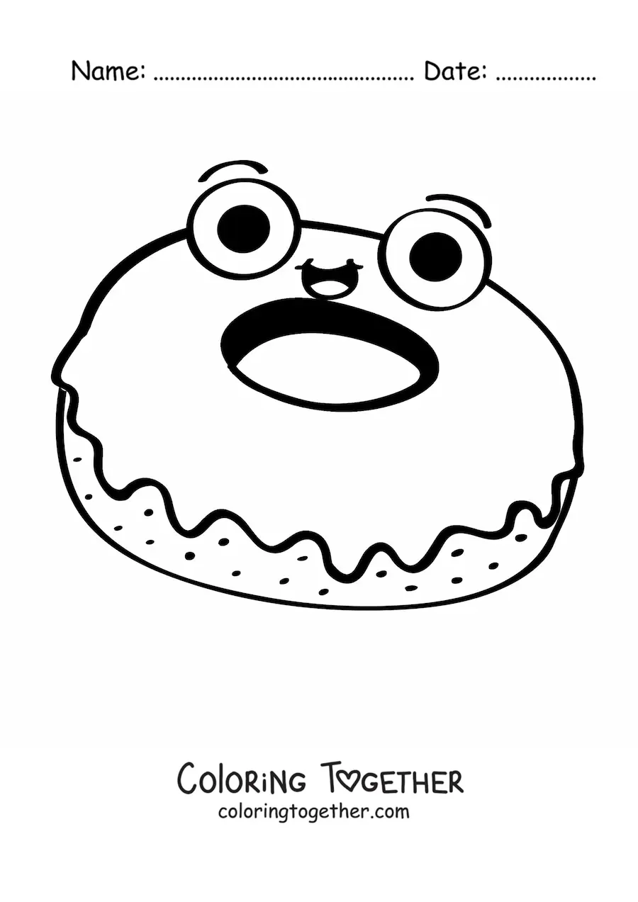 Coloring page of a cartoon donut with glaze