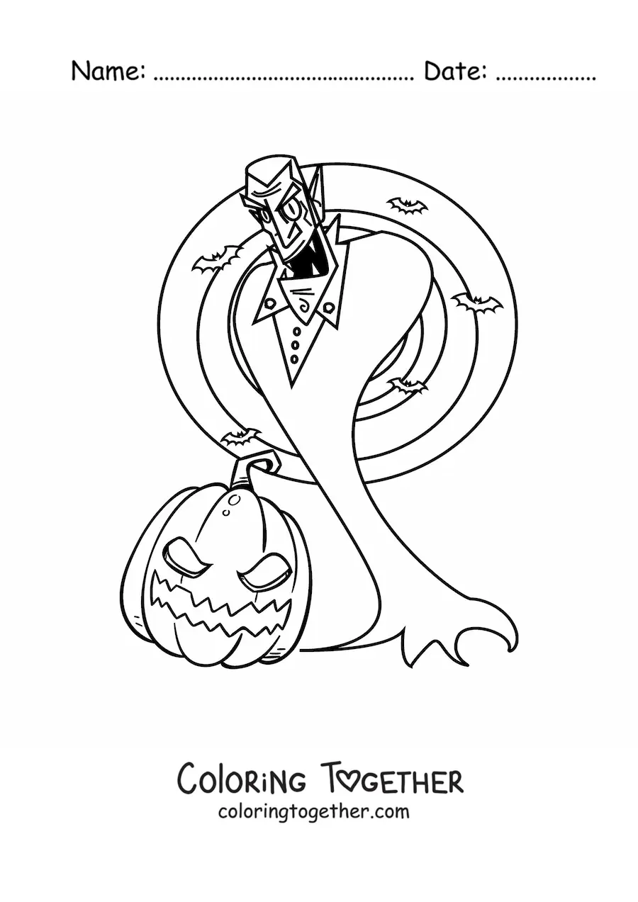 Coloring page of Count Dracula with bats and a Halloween pumpkin