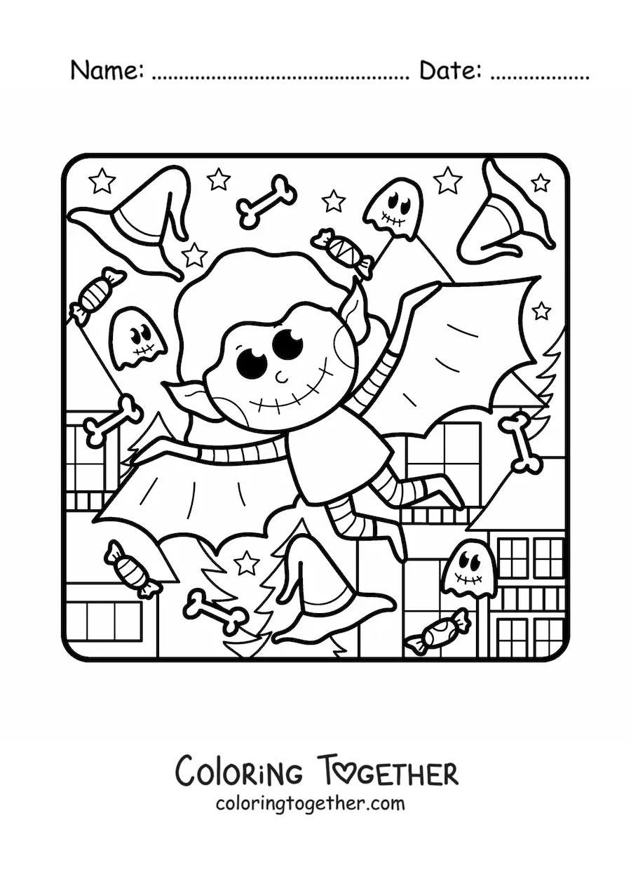 Coloring page of a kawaii vampire bat on Halloween