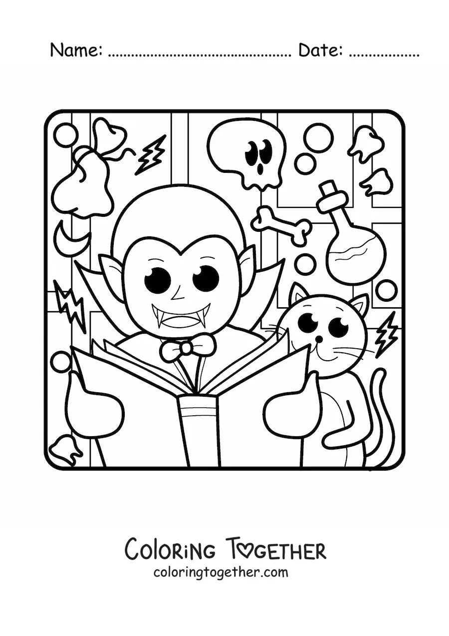 Coloring page of a kawaii vampire on Halloween with a book and a cat