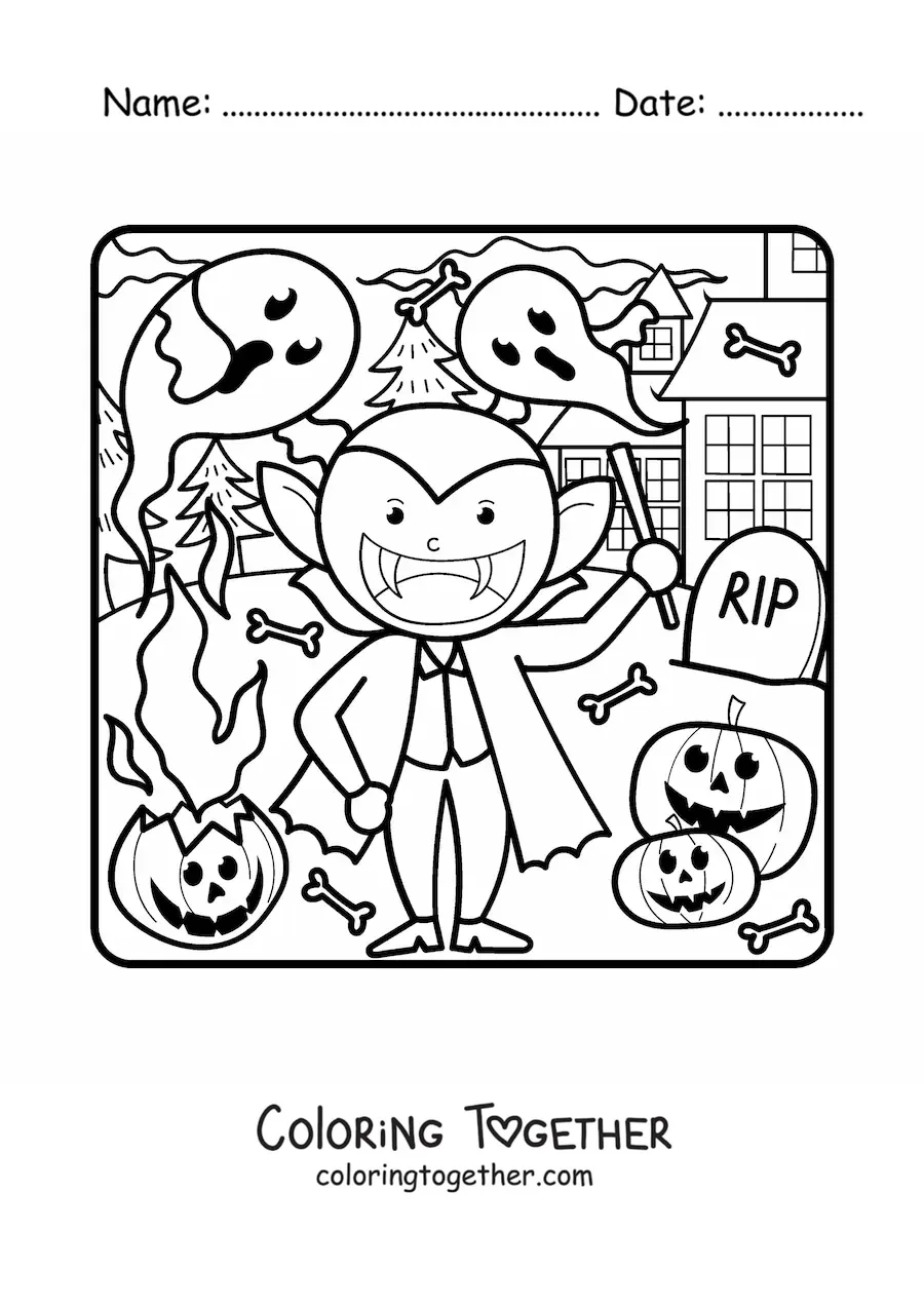 Coloring page of a kawaii vampire on Halloween with ghosts and pumpkins