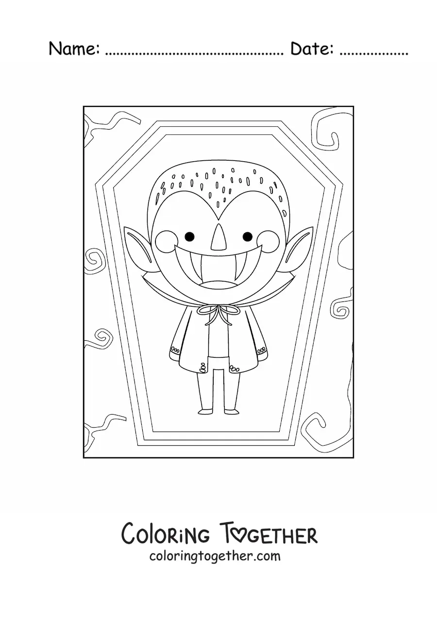 Coloring page of a cartoon vampire in his grave