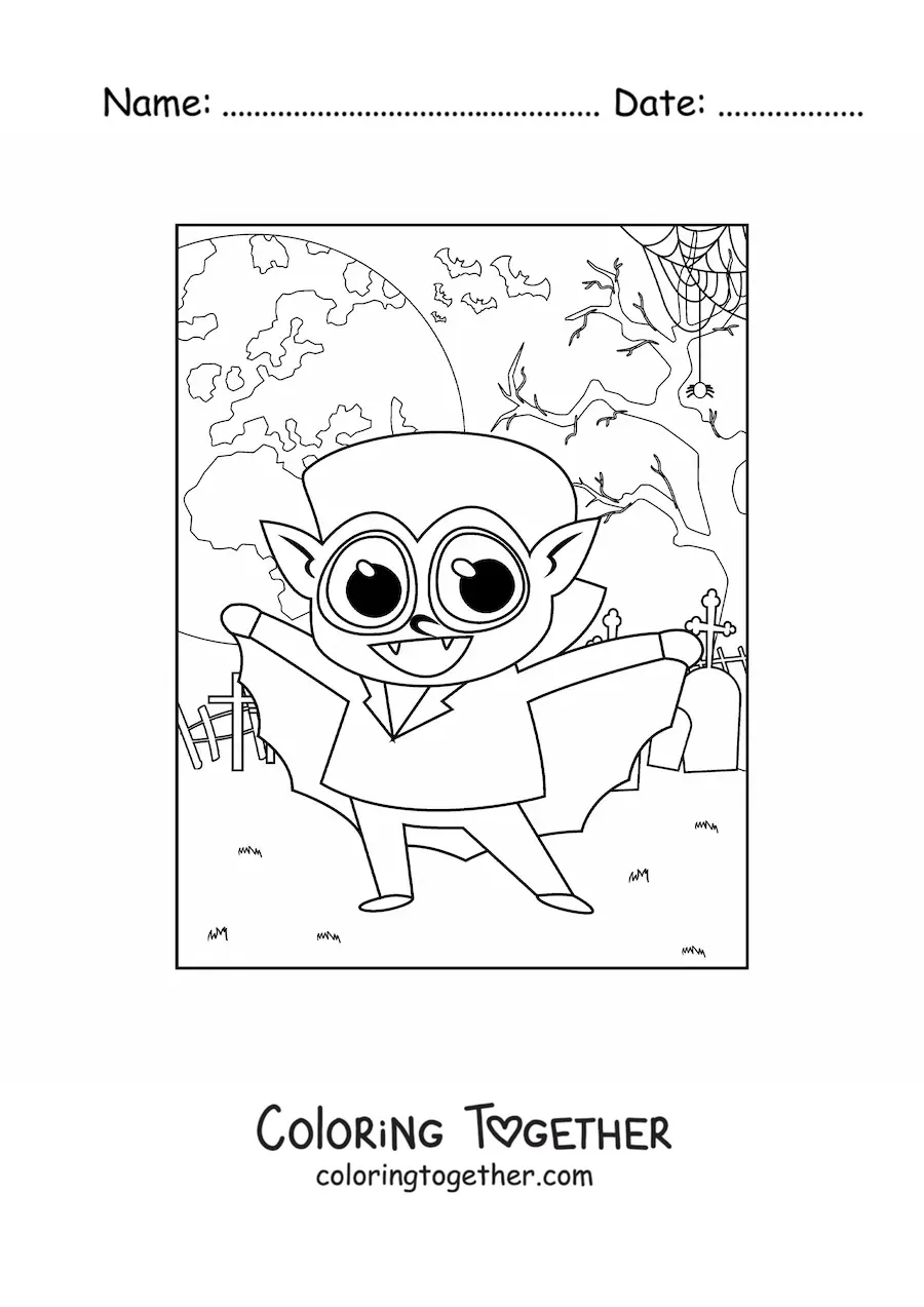 Coloring page of a kawaii vampire in a cemetery on Halloween night