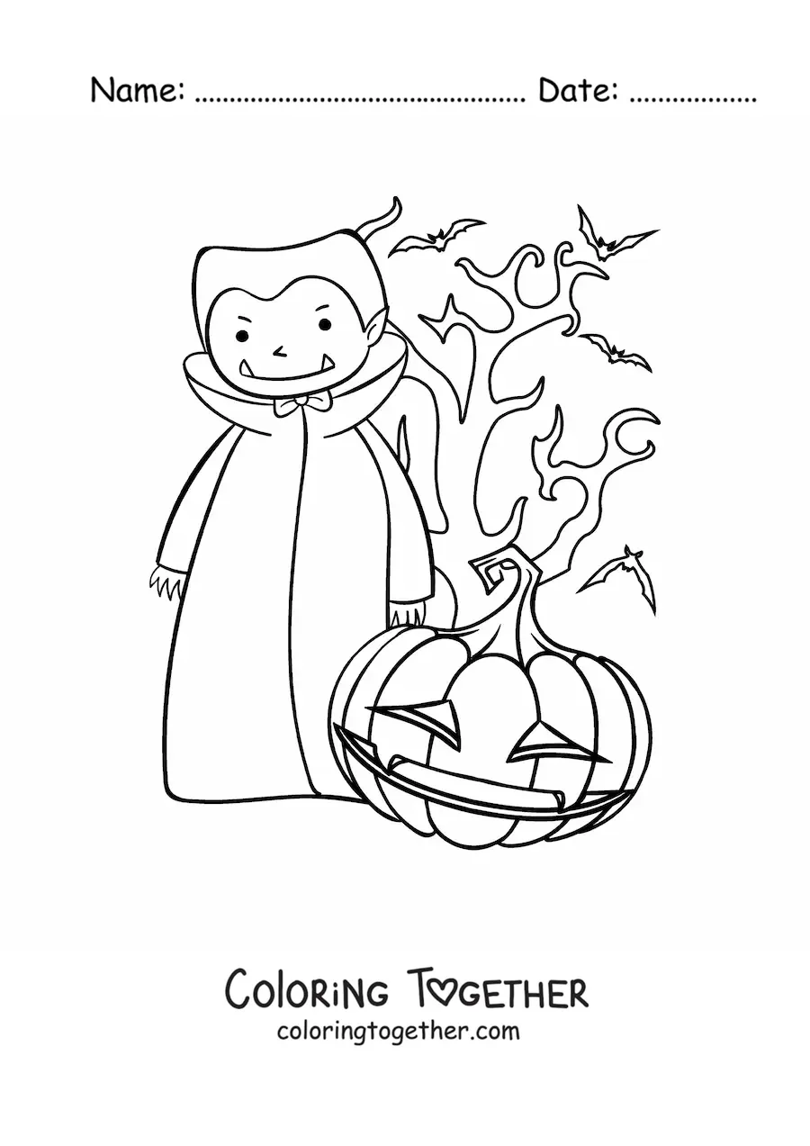 Coloring page of a vampire with a Halloween pumpkin