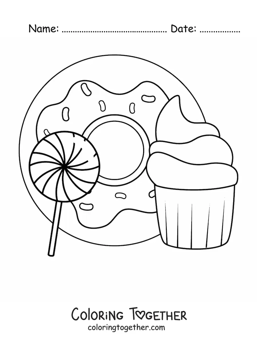 Coloring page of a donut next to a cupcake and a popsicle