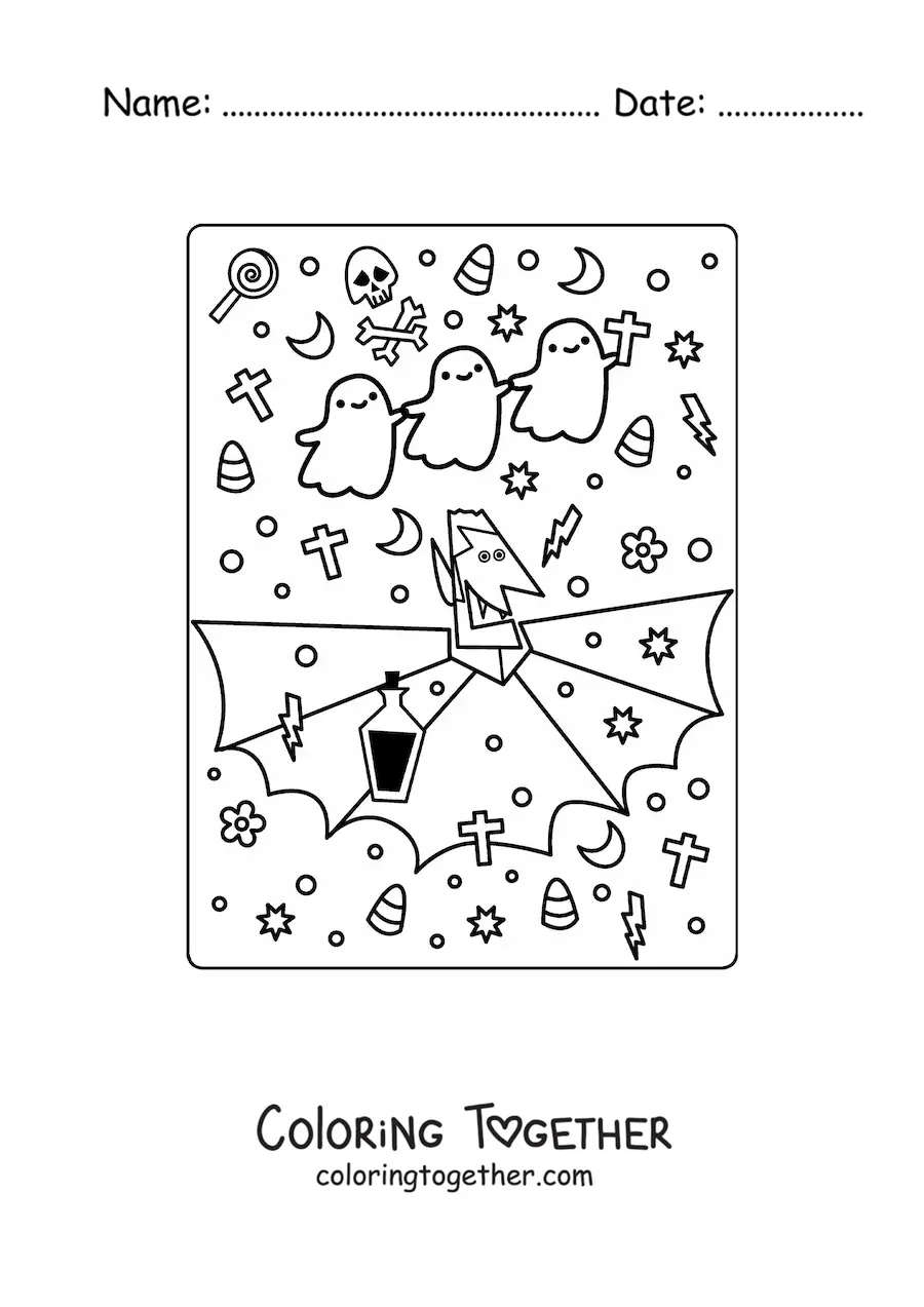 Coloring page of a vampire with kawaii ghosts on Halloween