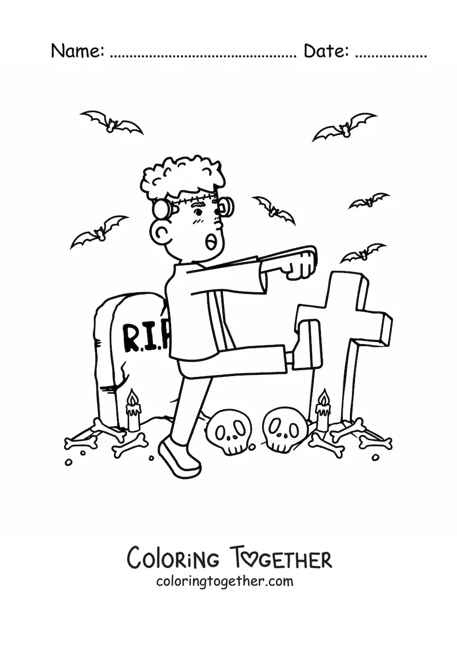 Coloring page of a cartoon Frankenstein walking in a cemetery on Halloween