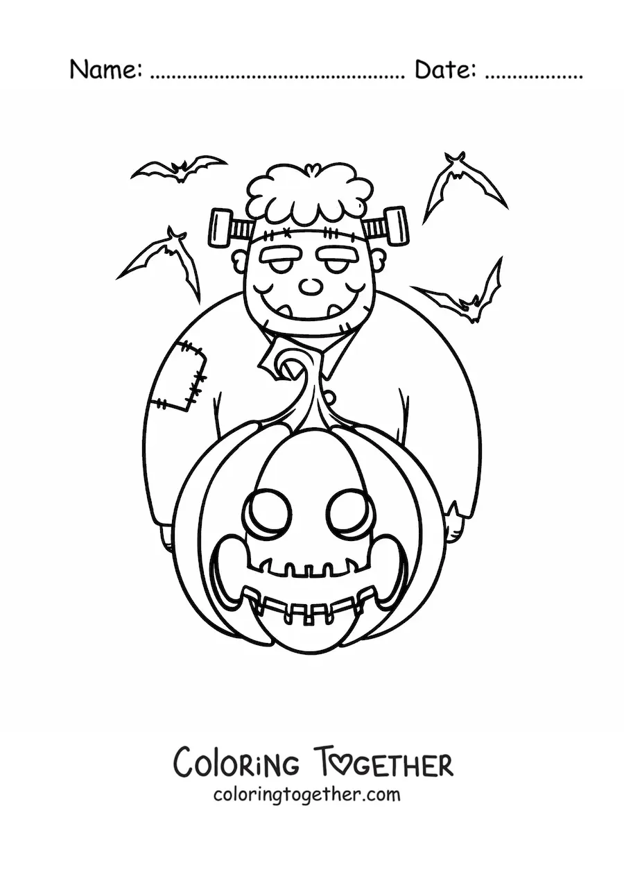 Coloring page of a big cartoon Frankenstein with a Halloween pumpkin