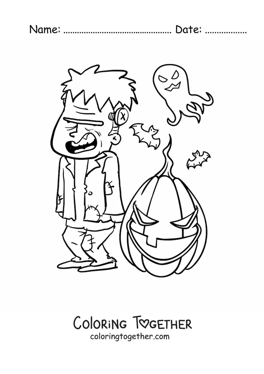 Coloring page of a big cartoon Frankenstein with ghosts and a Halloween pumpkin