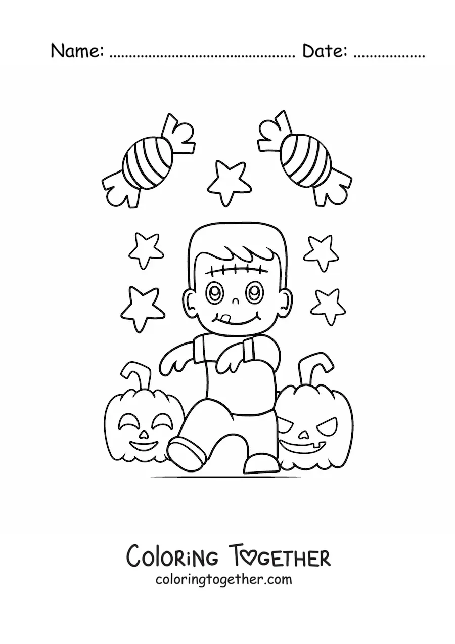 Coloring page of a kawaii Frankenstein with Halloween pumpkins and candy