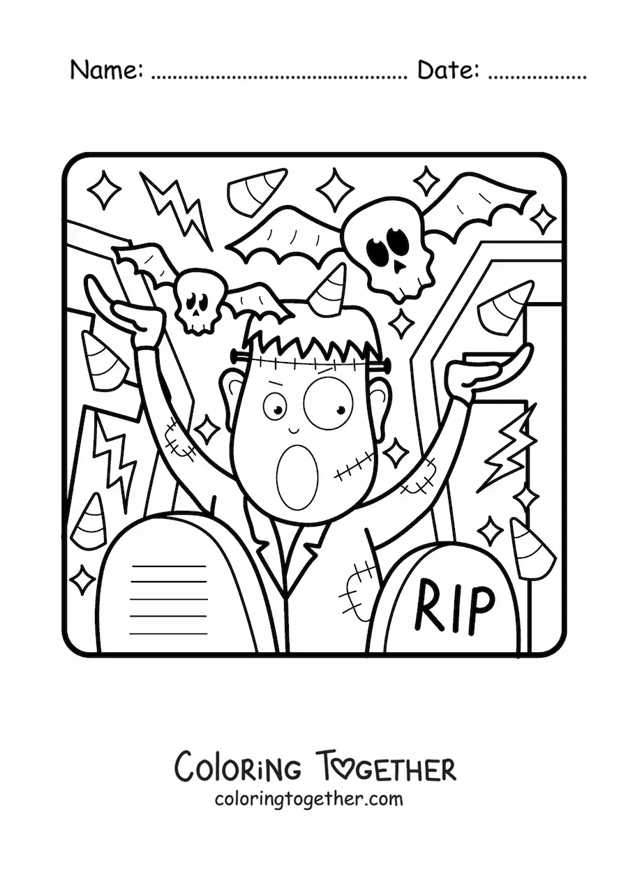 Coloring page of a cartoon Frankenstein with a skull and Halloween candy