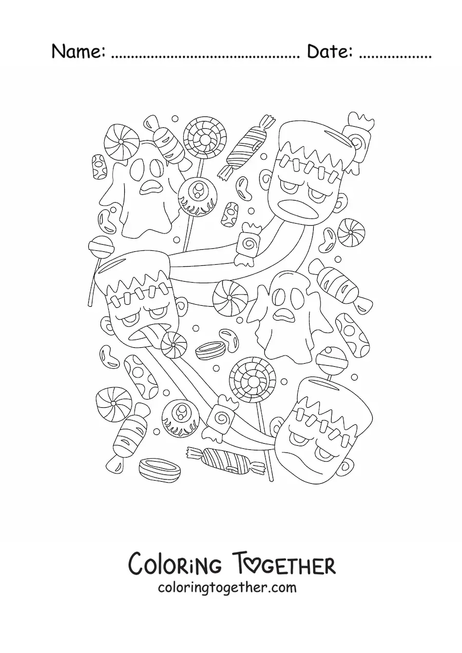 Coloring page of a Frankenstein face with ghosts and Halloween candy