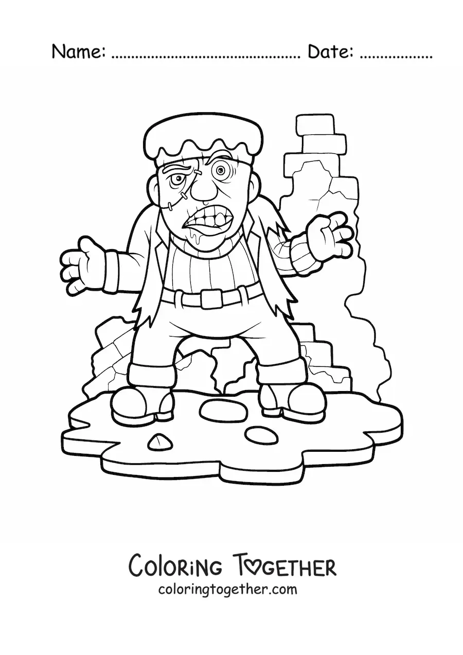 Coloring page of a scary cartoon Frankenstein