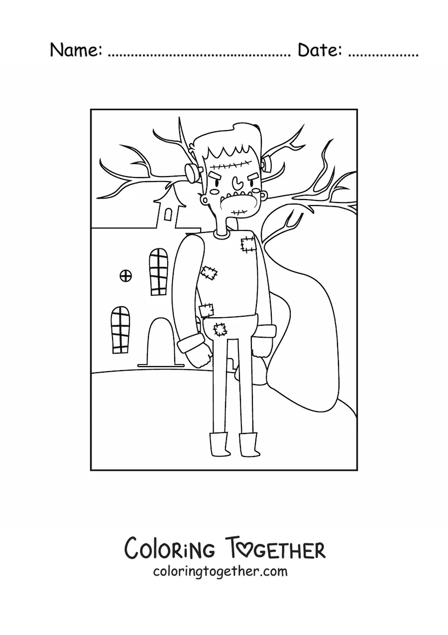 Coloring page of Frankenstein in front of a haunted house