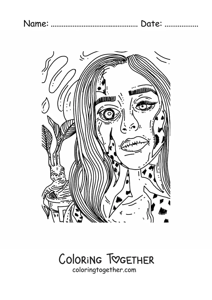 Coloring page of an extreme horror doll