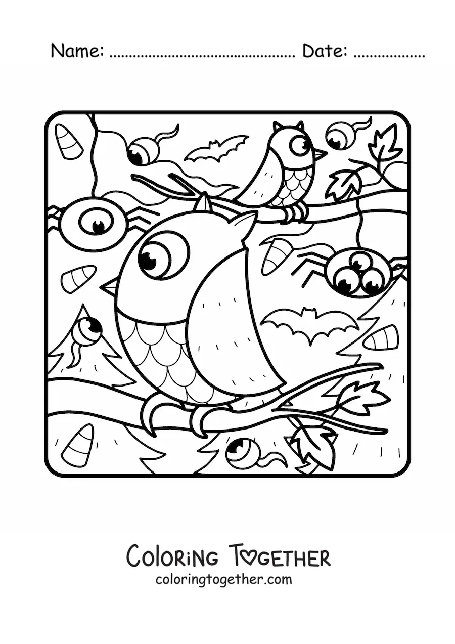 Coloring page of an owl with horror spiders