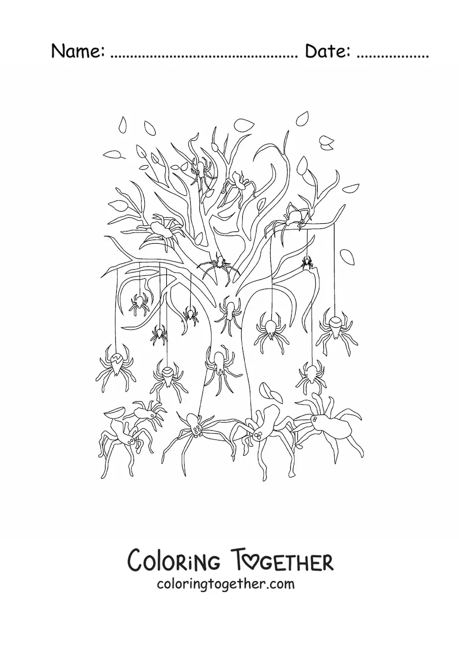 Coloring page of a tree with horror spiders