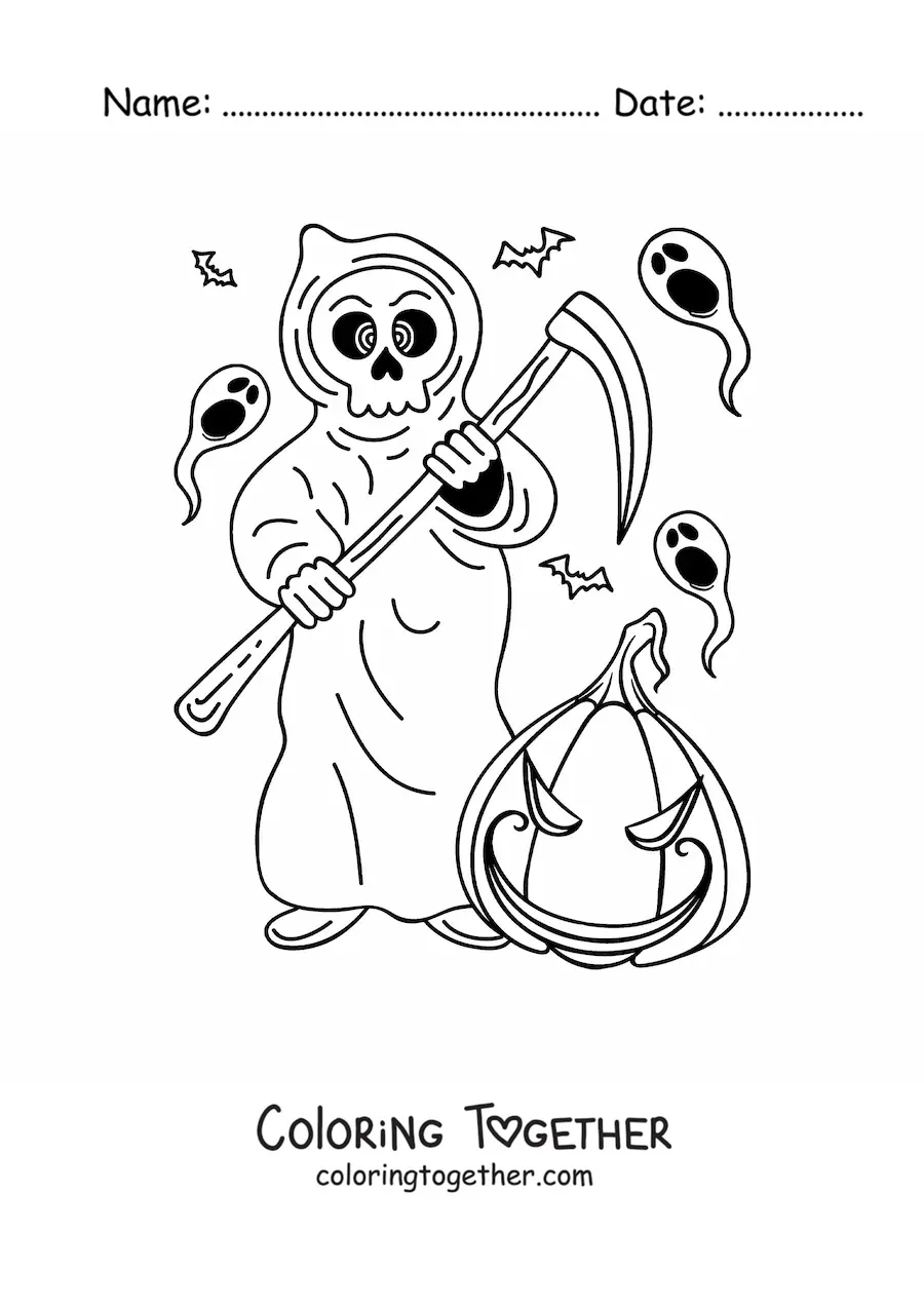 Coloring page of Death with a scary Halloween pumpkin