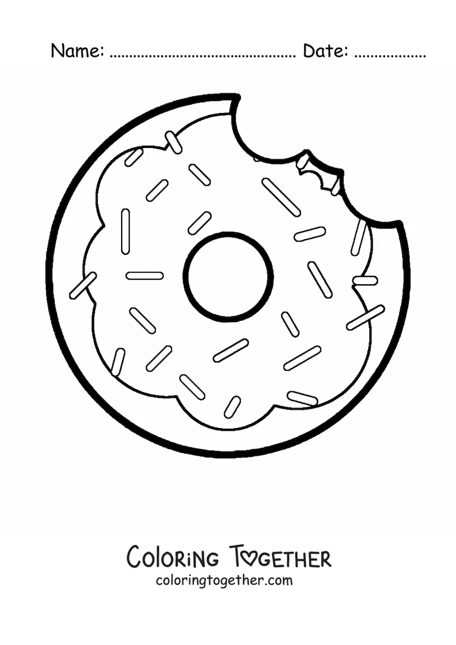 Coloring page of a donut with a bite taken out of it