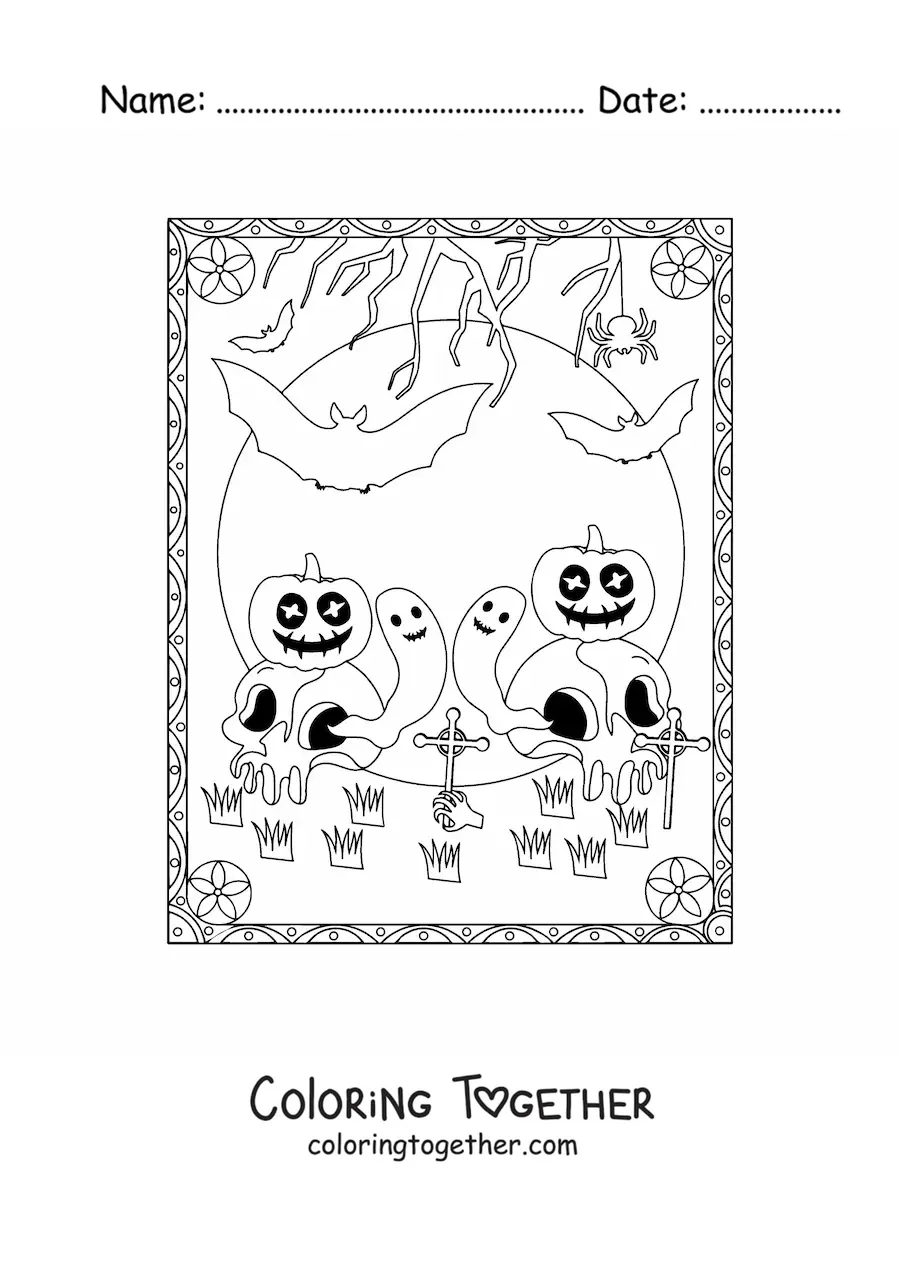 Coloring page of scary Halloween pumpkins with skulls and ghosts