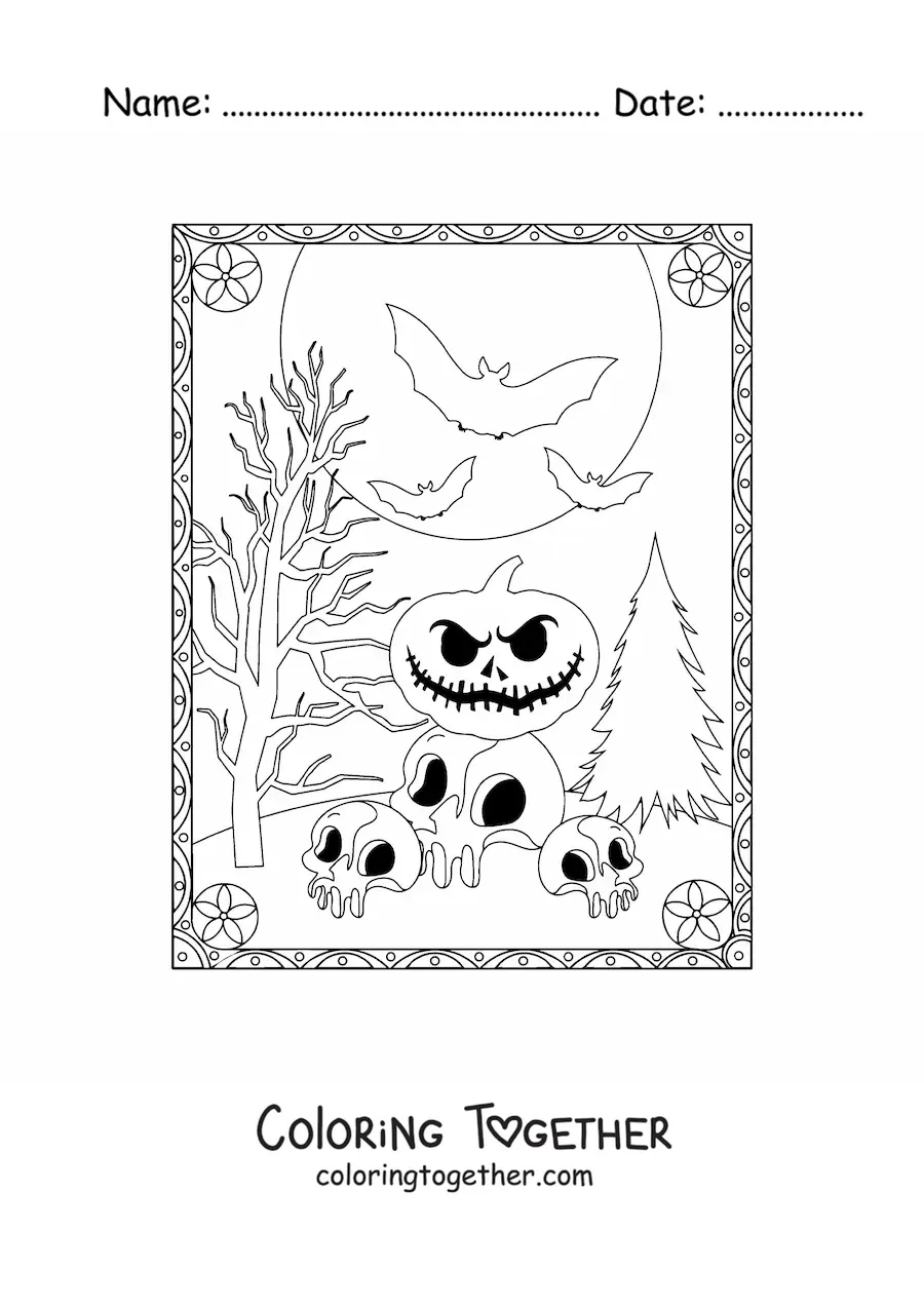 Coloring page of scary Halloween pumpkins with skulls and bats