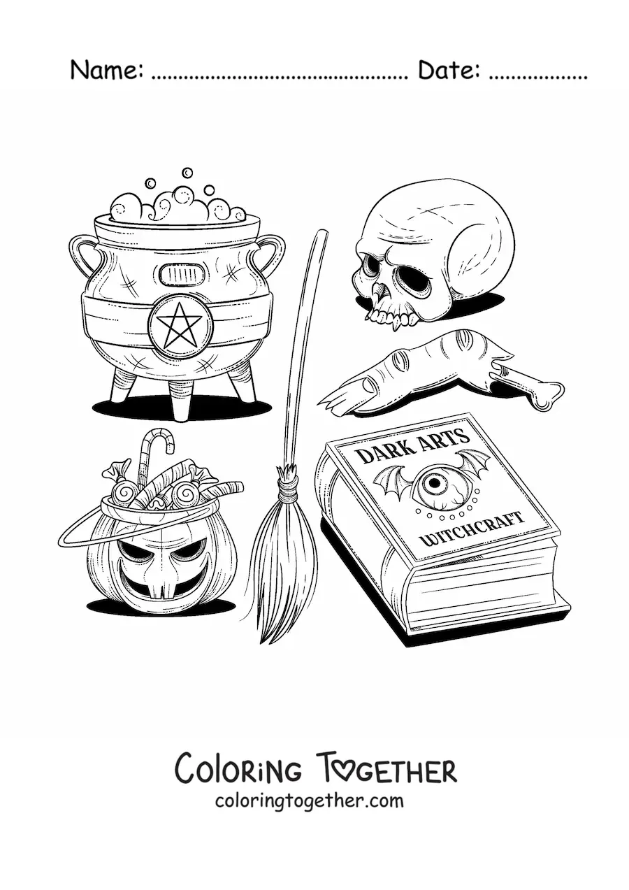 Coloring page of horror witchcraft elements