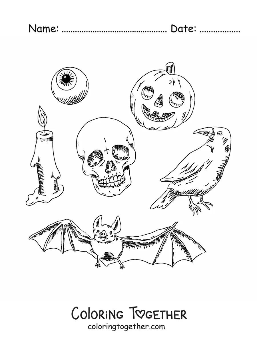 Coloring page of horror Halloween elements