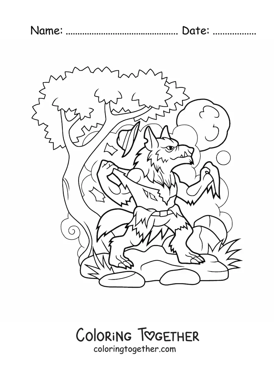 Coloring page of a cartoon werewolf transforming