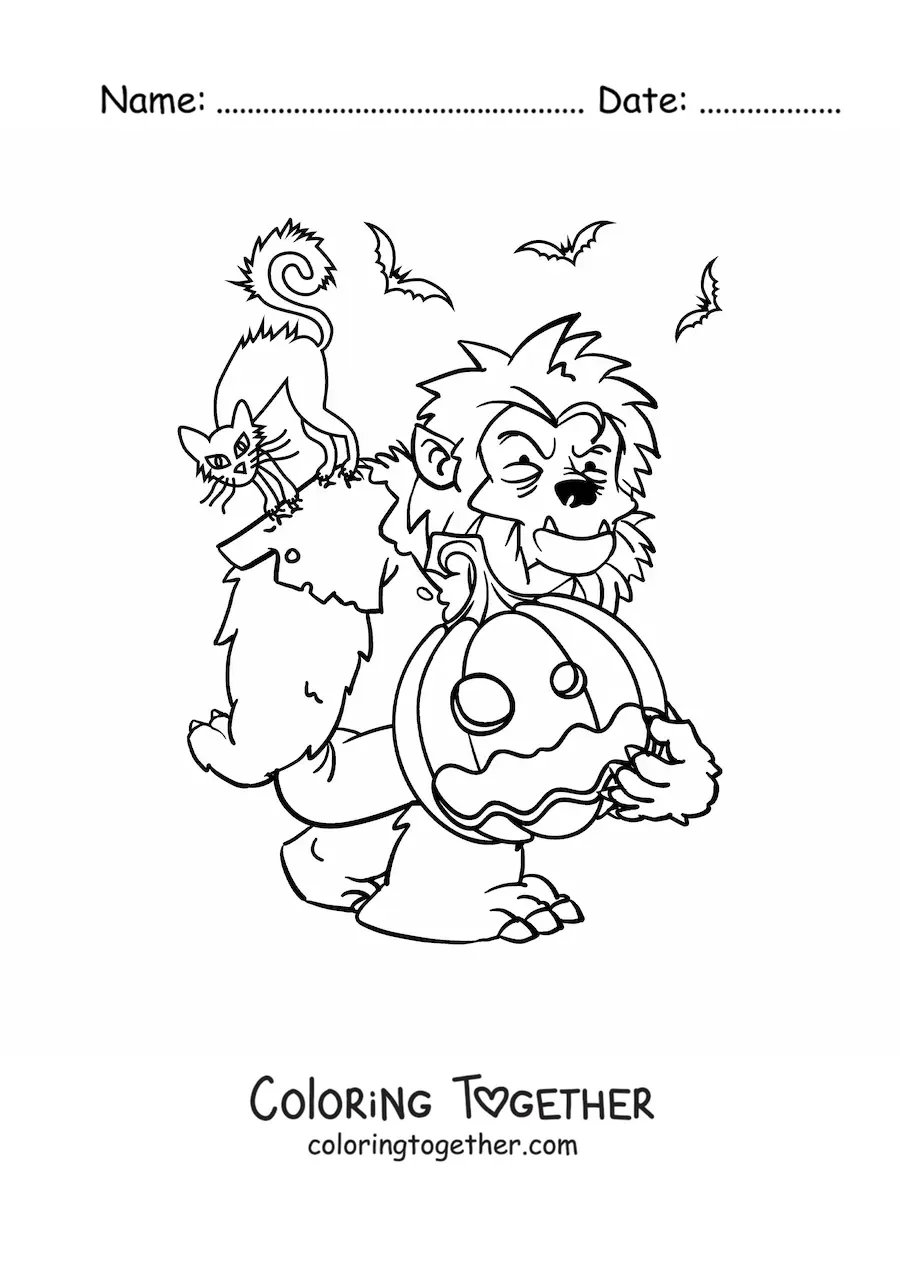 Coloring page of a werewolf with a Halloween pumpkin