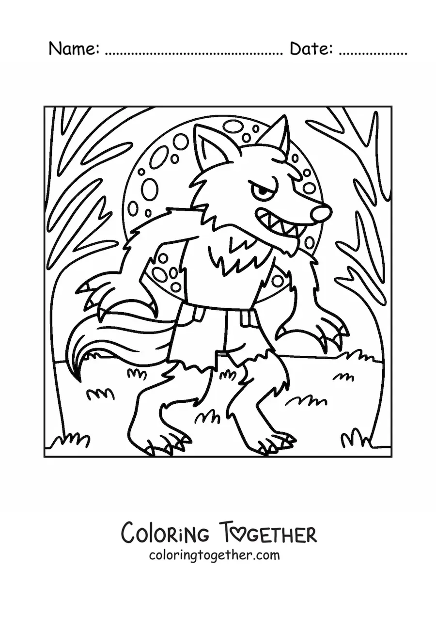 Coloring page of a werewolf with the full moon