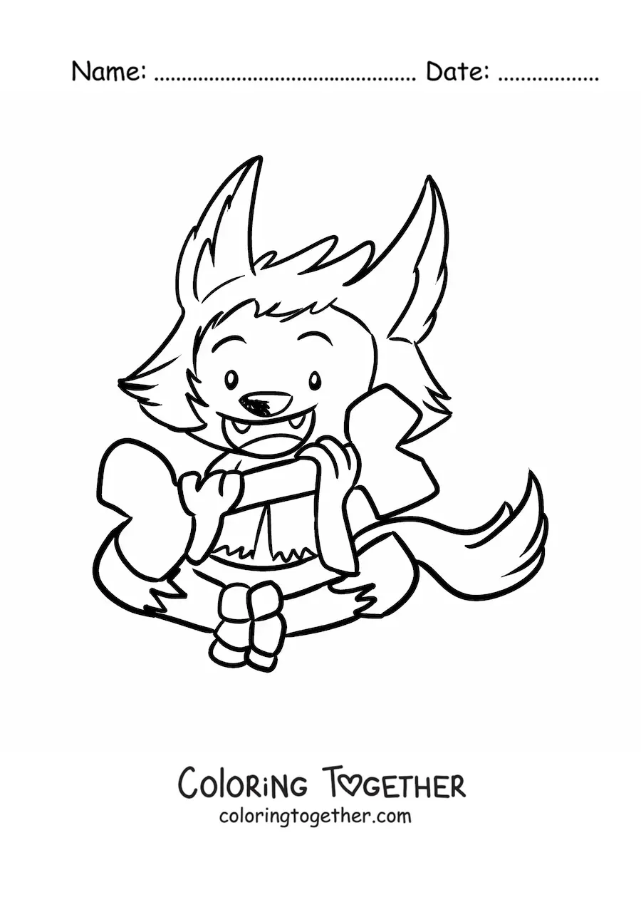 Coloring page of a kawaii werewolf with a bone
