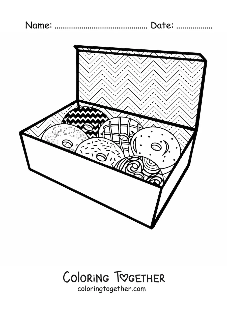 Coloring page of a box of several donuts