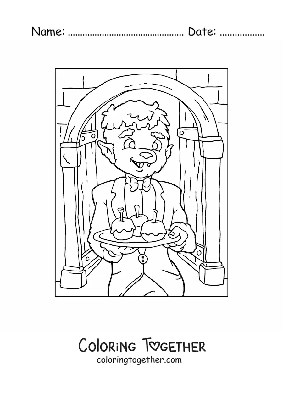 Coloring page of a cartoon werewolf with Halloween candy