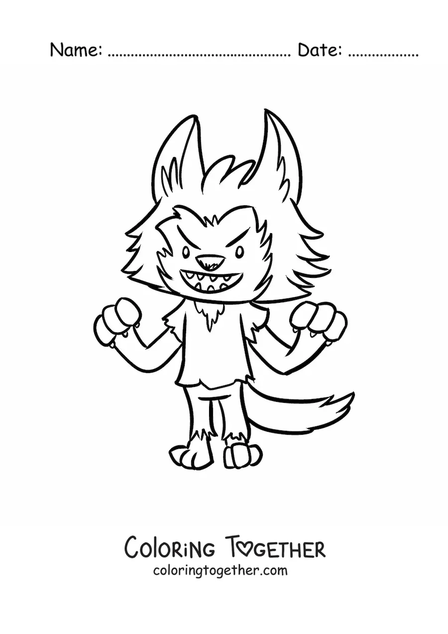 Coloring page of a kawaii werewolf scaring someone