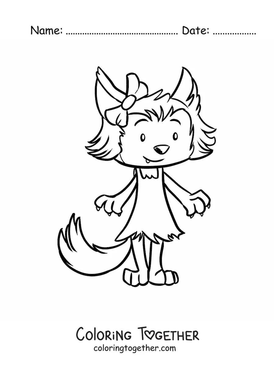 Coloring page of a kawaii she-wolf