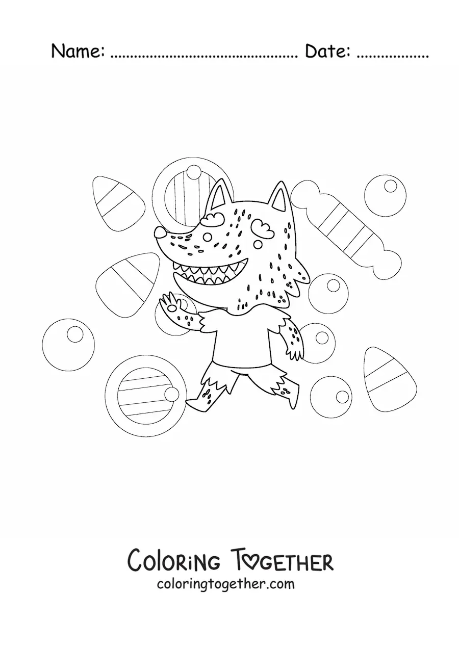 Coloring page of a cartoon Halloween werewolf