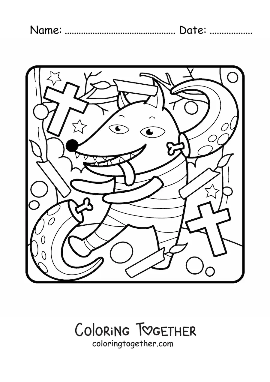 Coloring page of a cartoon of a Halloween werewolf