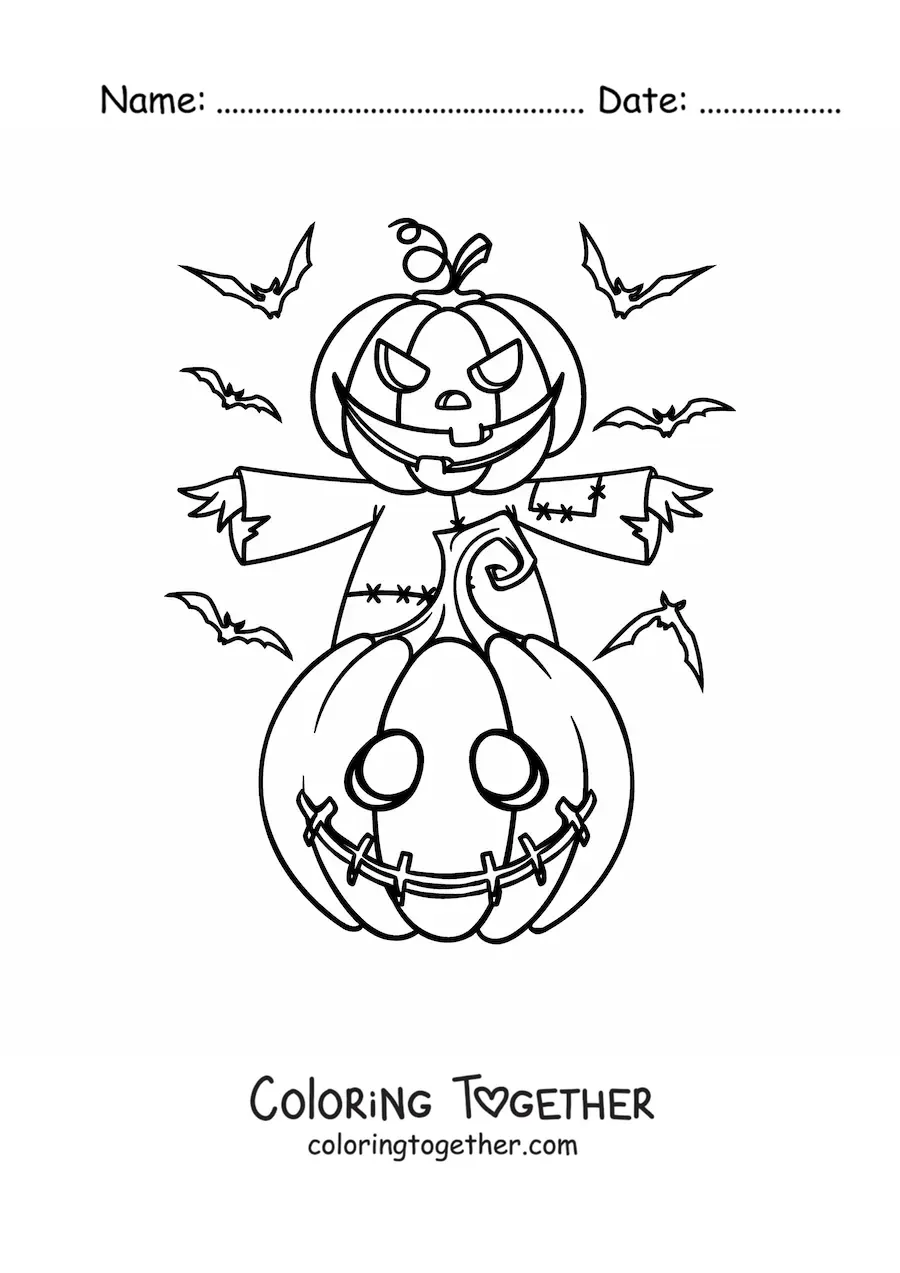 Coloring page of a scarecrow with a Halloween pumpkin and bats