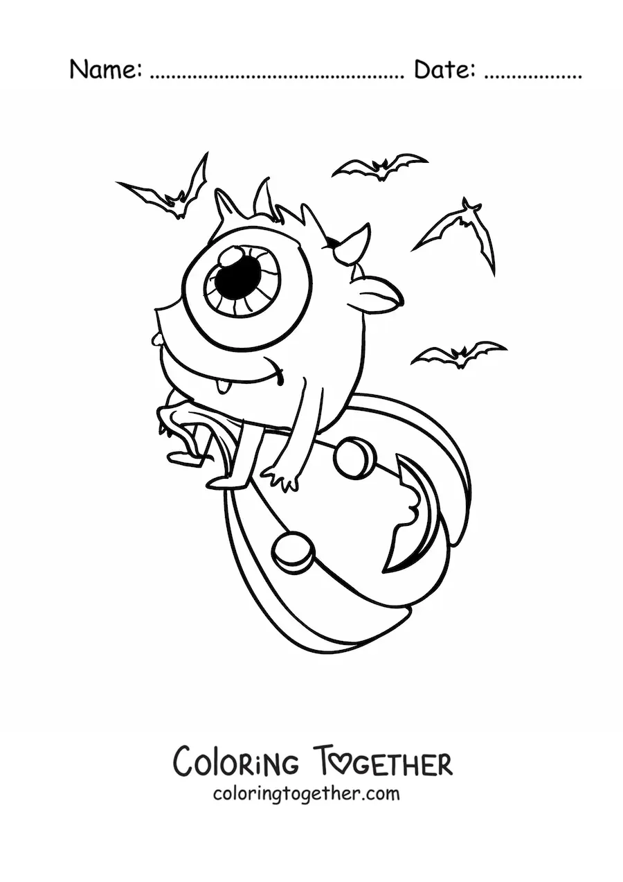 Coloring page of a kawaii one-eyed Halloween monster with a pumpkin