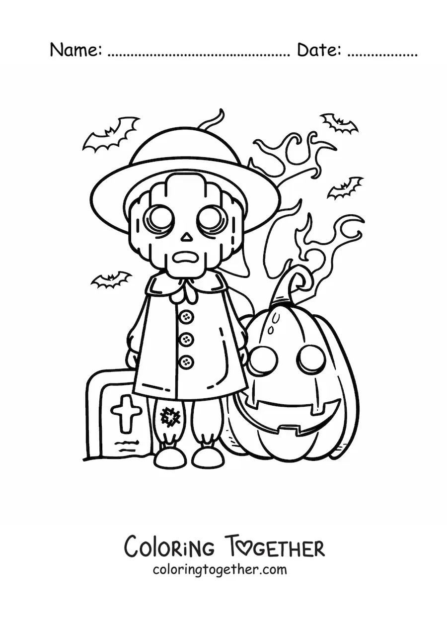 Coloring page of a scary Halloween monster with a pumpkin and bats