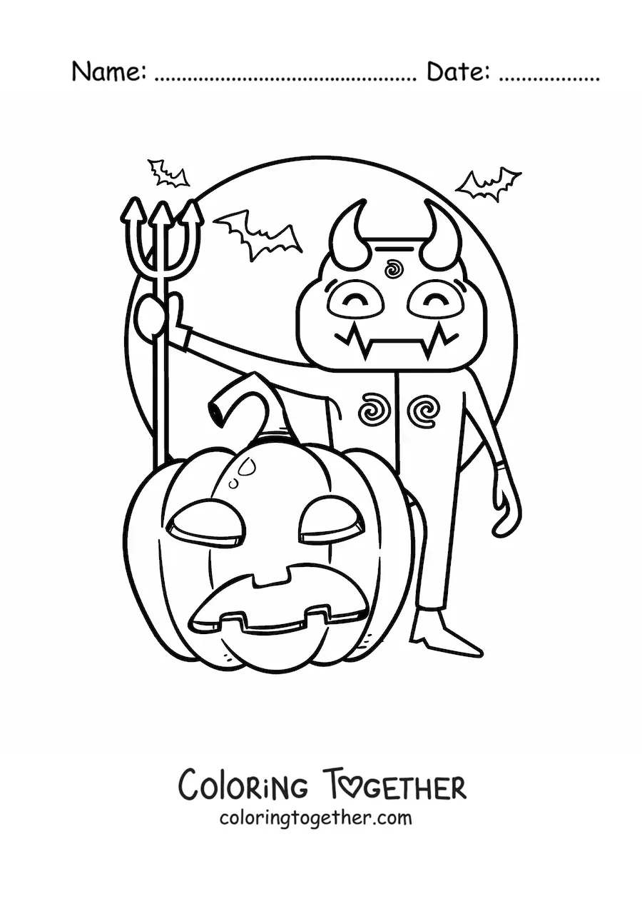 Coloring page of a scary Halloween devil with a pumpkin and bats