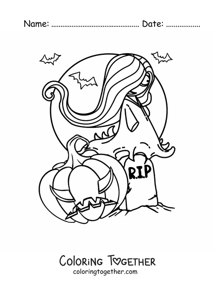 Coloring page of a scary Halloween ghost with a pumpkin and bats