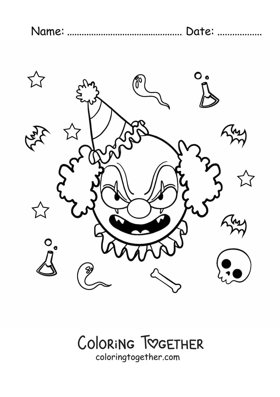 Coloring page of a scary Halloween clown face