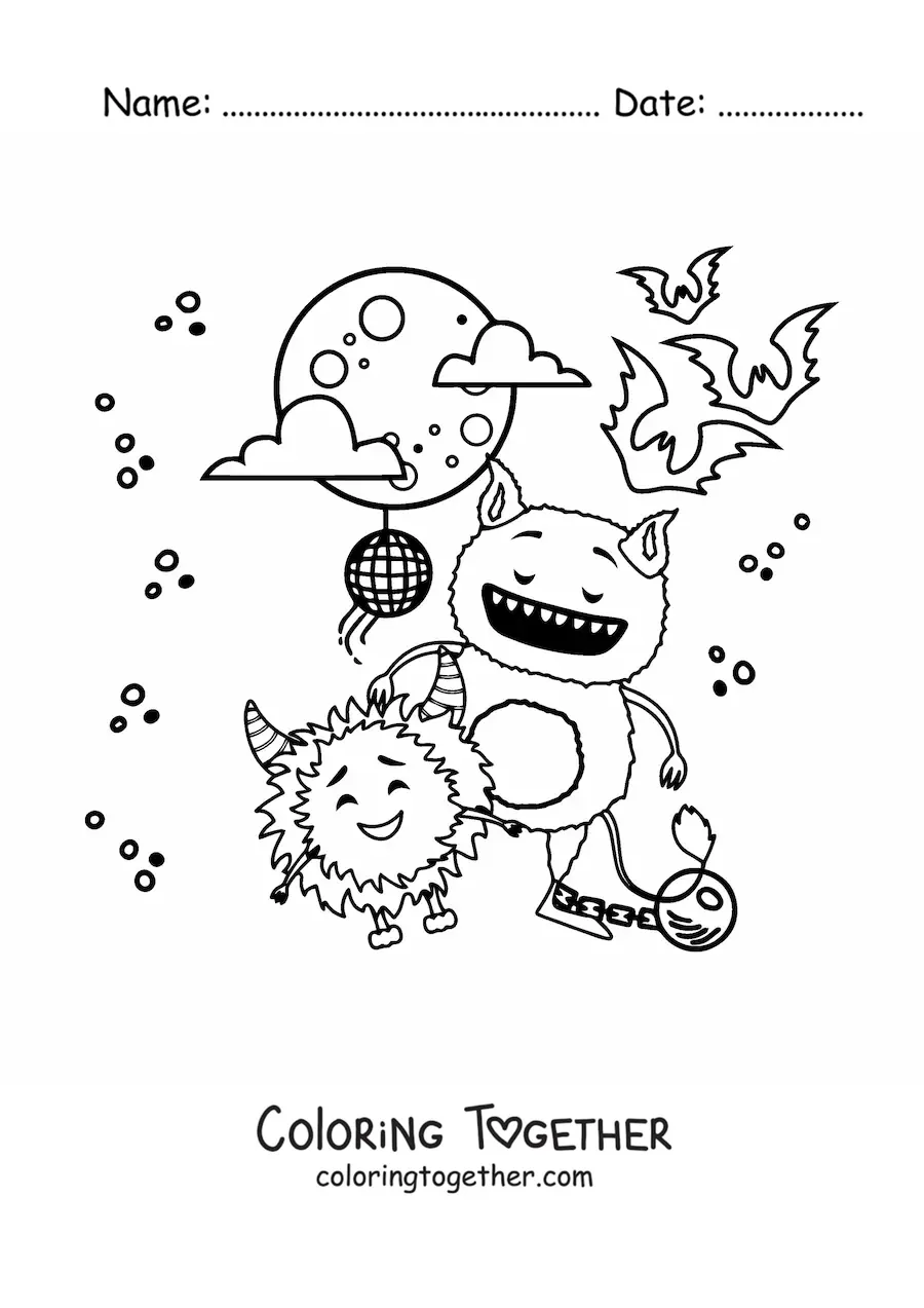 Coloring page of funny Halloween monsters dancing