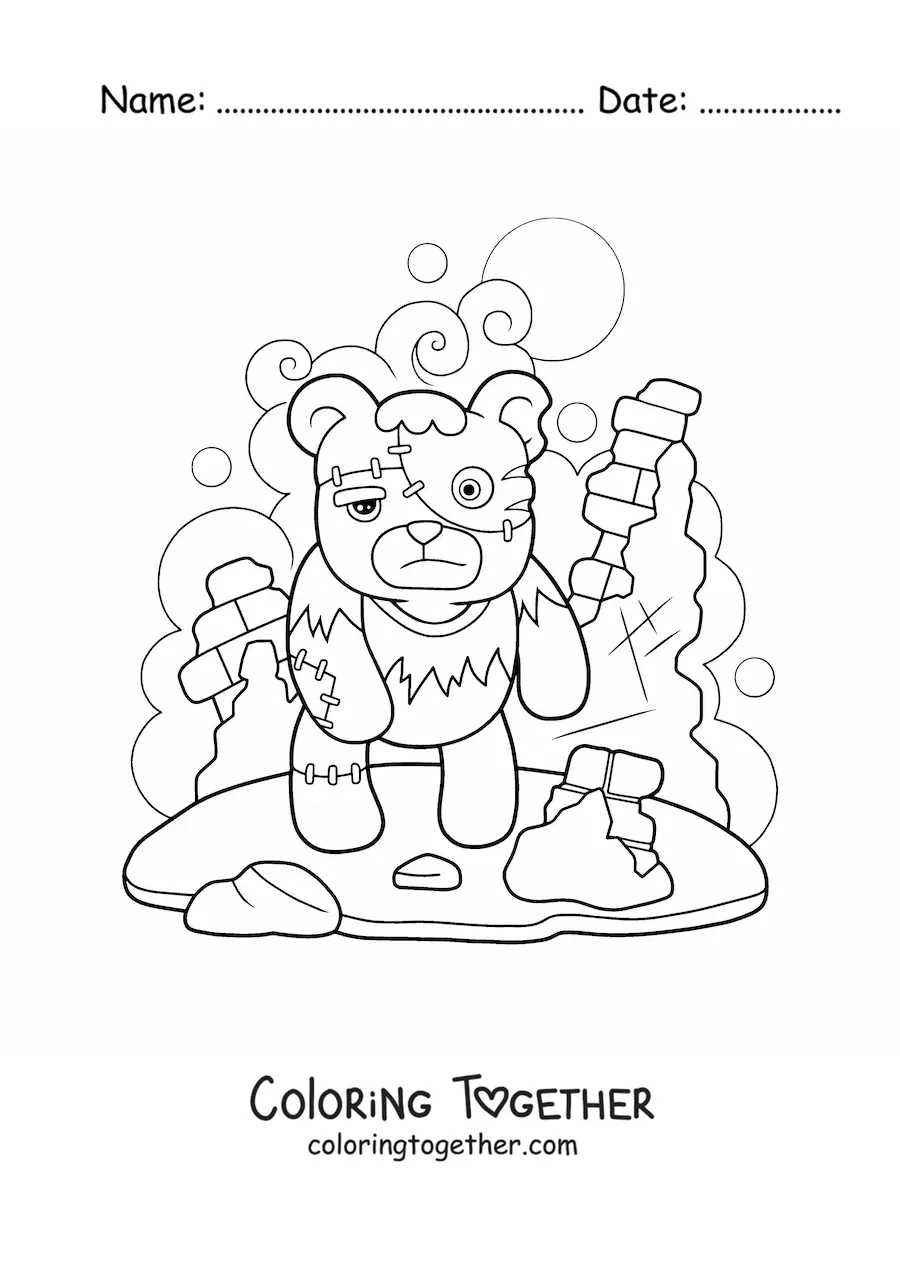 Coloring page of a horror teddy bear for Halloween